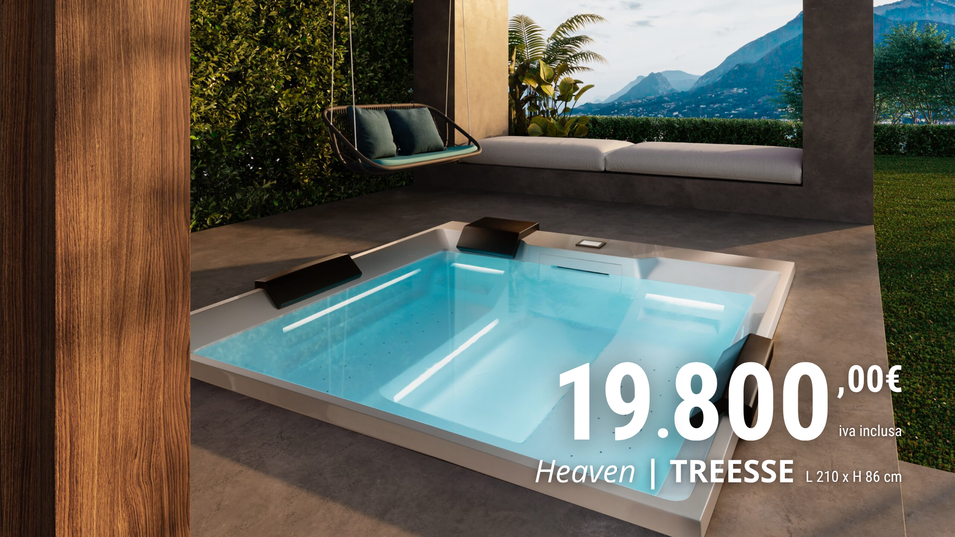 Minipiscina di design incassata in terrazza con vista panoramica e arredi outdoor.