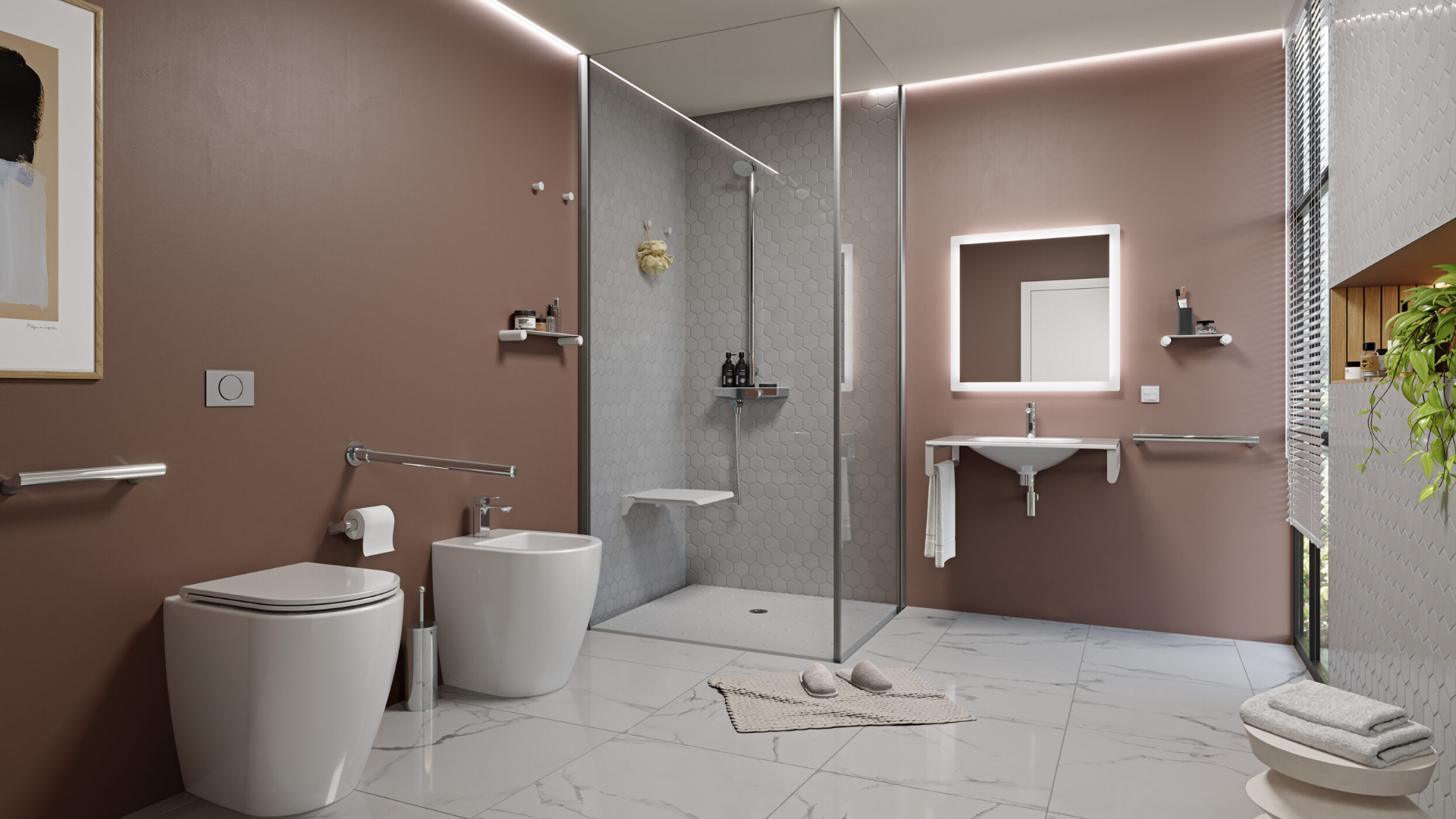 Bagno moderno accessibile con sanitari di design e doccia walk-in.