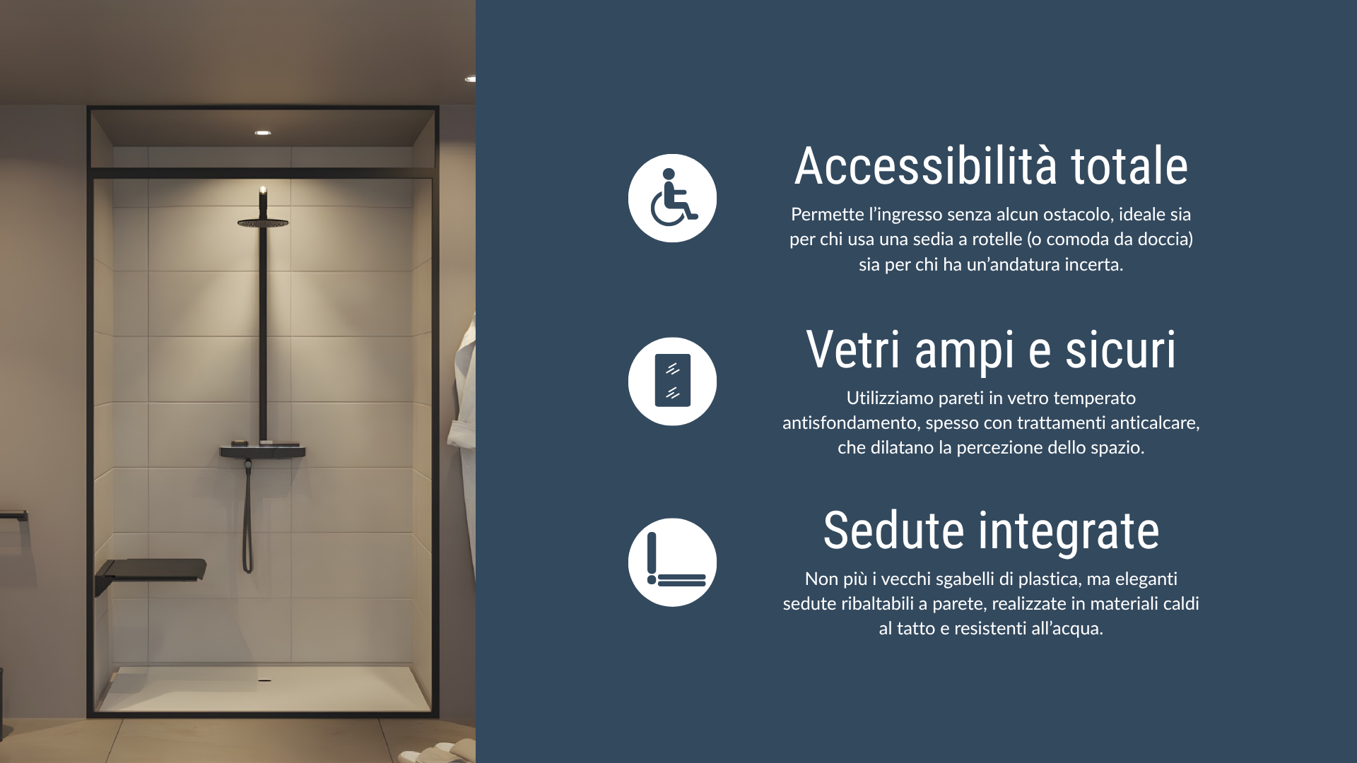 Infografica con vantaggi della doccia accessibile e delle sedute integrate.