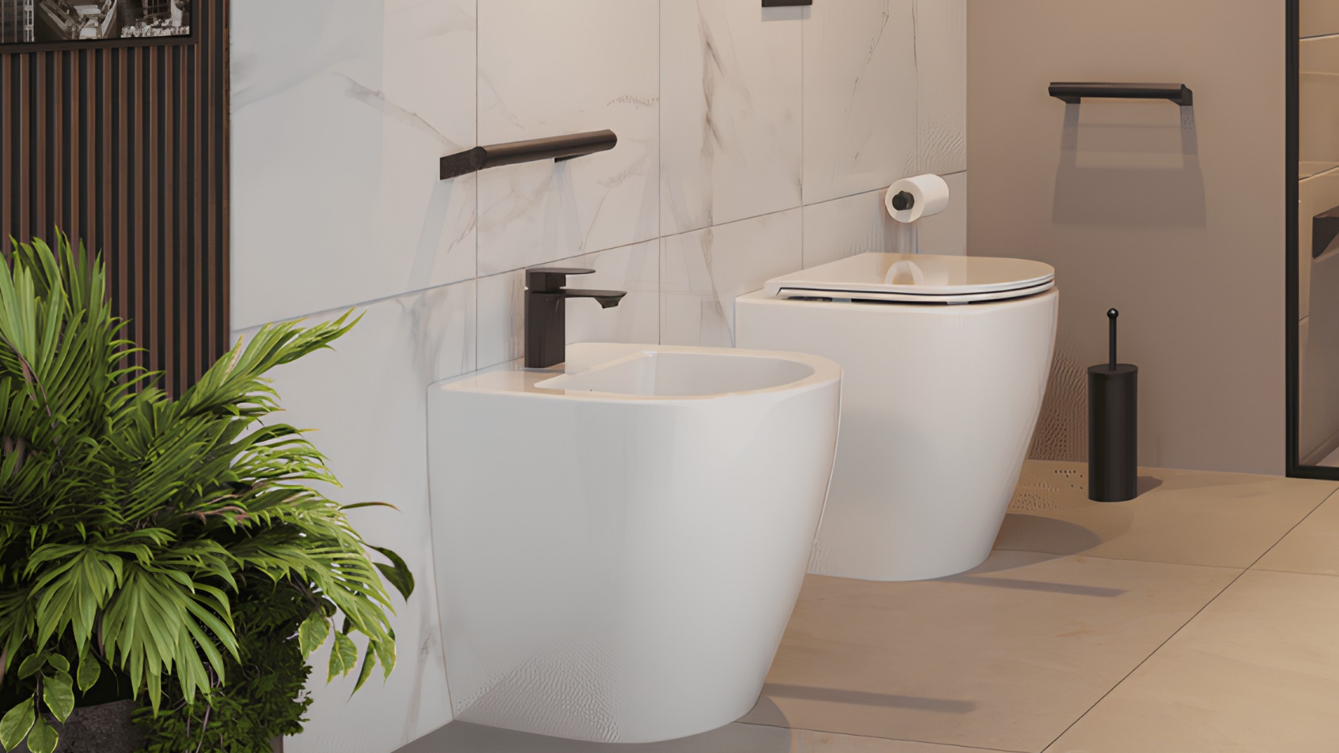 Bagno accessibile con sanitari ergonomici, doccia walk-in e lavabo sospeso.