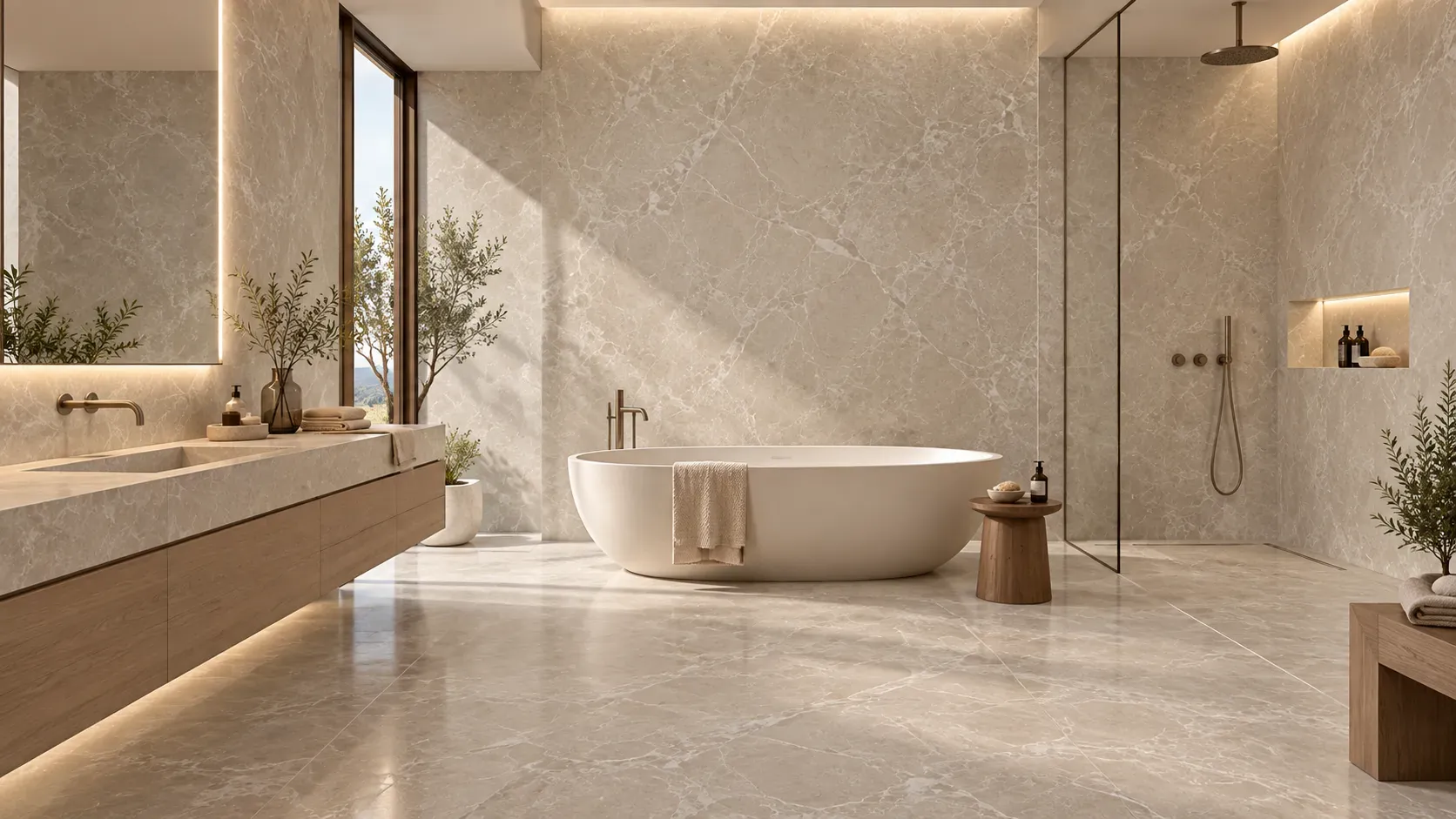 tendenze bagno 2027: Bagno con superfici beige venate effetto marmo, vasca freestanding e doccia con parete in vetro